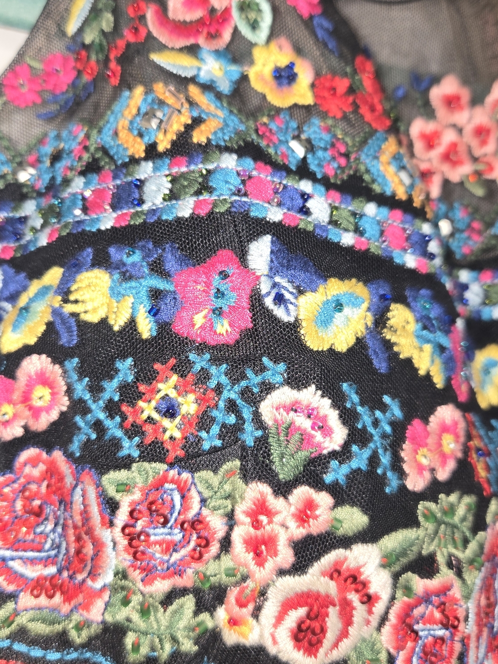 Sherri Hill Black Fully Embroidered Floral High-Neck Crop Top - Picture 9 of 9